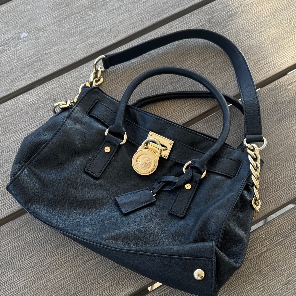 Michael Kors Black Leather Satchel with Gold-Tone Accents